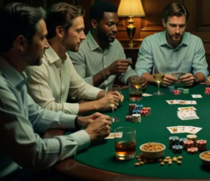 Élő kártyaest játékosokkal egy meghitt, sötétzöld poker teremben