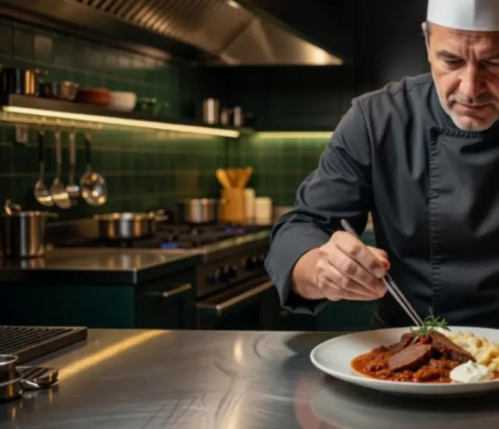 Executive Chef a Magyarvalaszto nyitott konyhájában, épp egy tányér ételt tálal