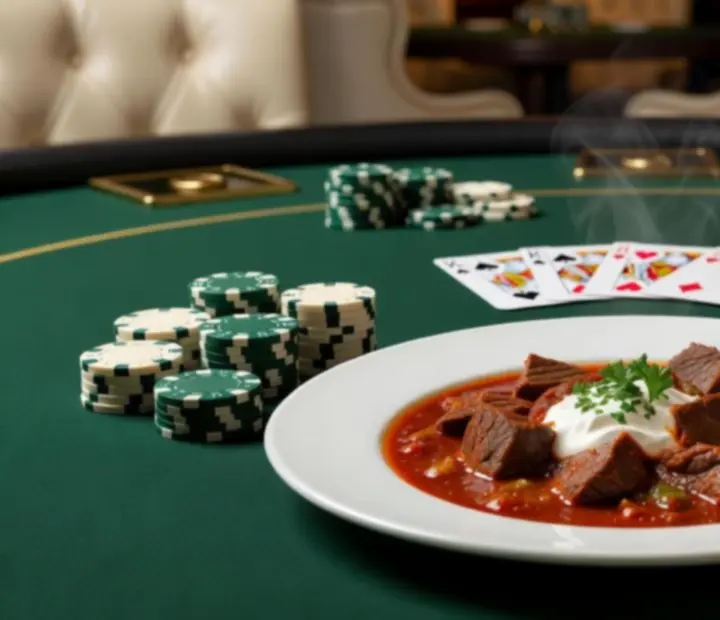 Gourmet fogások és koktélok tálalva egy poker asztal mellett
