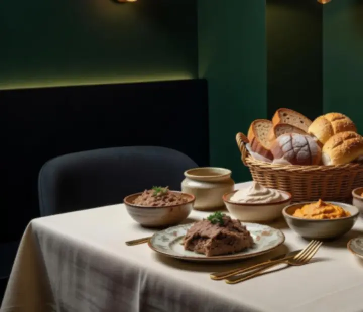 Hangulatosan megvilágított asztal magyar ihletésű gourmet előételekkel.