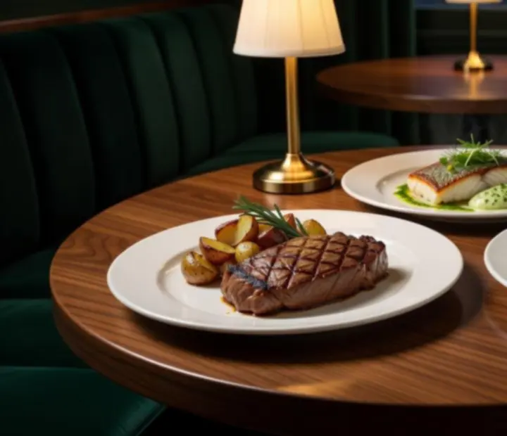 Gondosan tálalt főételek elegáns bistro környezetben.