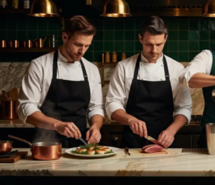 Konyhai és bár csapat munka közben egy hangulatos, sötét bistro konyhában