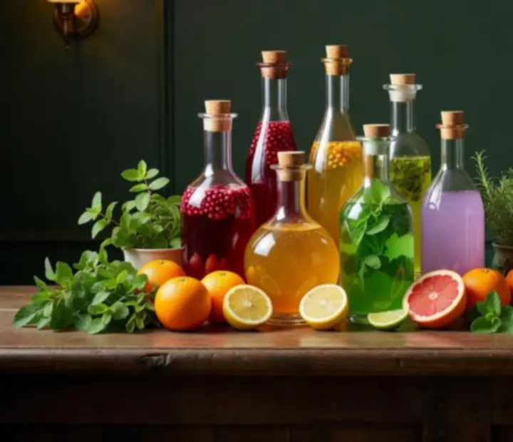 Alkoholmentes italok, artisan szörpök és teák elegáns pulton.